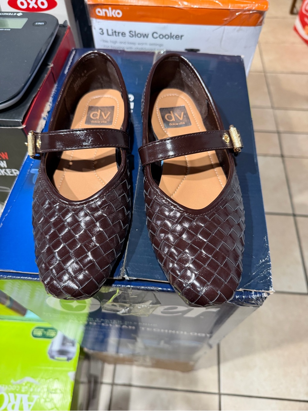 DV by Dolce Vita Women's Woven Mary Jane Flats in Dark Brown Patent